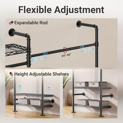 Timate F2 Industrial Pipe Clothes Rack Wall Mounted Clothing Rack for Hanging Clothes, Expandable Garment Racks Heavy Duty Wardrobe Closet Organizer and Storage, Black Adjustable Industrial Closet Kit