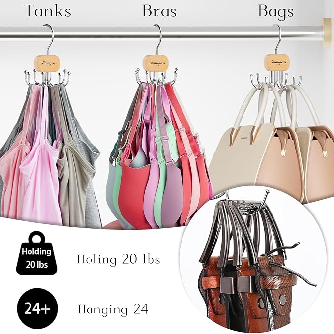 Belt Hanger, Belt Organizer for Closet,Rotatable Tie Rack,Belt Holder,Hanging Closet Storage Hook for Belt, Bra, Tank Top, Tie, Scarf, Purse,2PCS,Natural