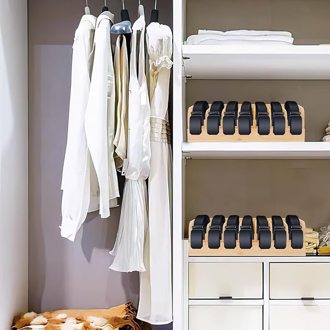 GTI Belt Organizer, 7 Compartments Belt Organizer for Closet and Drawer, Bamboo Display Case for Tie and Belt, Belt Storage Organizer for Men Women (Wooden)
