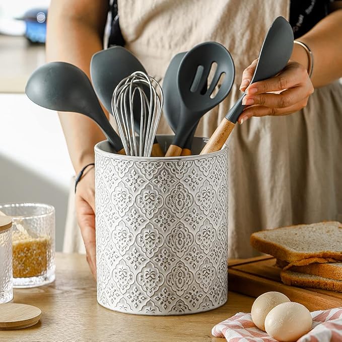 KOOV Kitchen Utensil Holder, Large Utensil Holders for Countertop, 6 x 7 Inches Ceramic Utensil Crock, Deep and Stable, Cooking Utensil Holder, Embossed Pattern, White