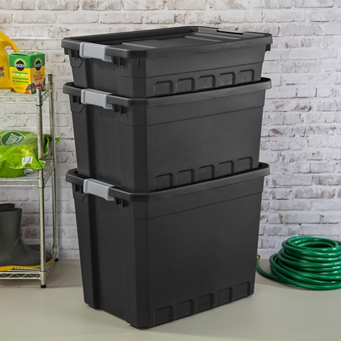 Sterilite 12-Pack Plastic Storage Bins with Lids, Stackable Containers, 27 Gallon, Black