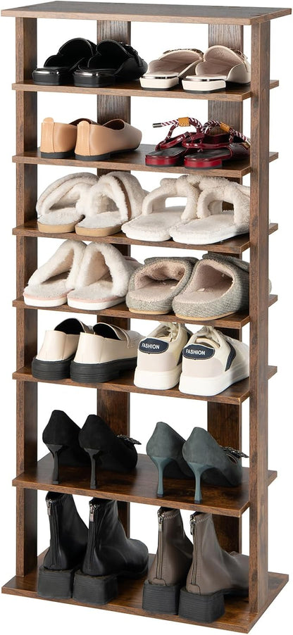 BETTARY 8 Tier Vertical Shoe Rack, Narrow Wooden Corner Shoe Organizer for Small Spaces, Removable Shelves, Anti-toppling Device, Shoe Tower for Entryway, Closet, Bedroom (Rustic Brown, Double Row)