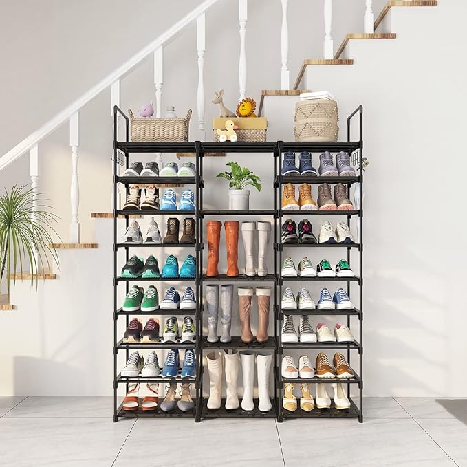 Caitlyn 9 Tier Large Shoe Rack Organizer, Holds 50-55 Pair Shoe Boots, Metal Shoe Shelf Storage Organizer, with Side Hooks Shoe Tower for Entryway Garage Living Room