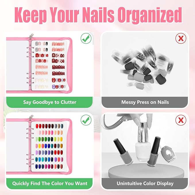 KEIFIN Press On Nail Storage Organizer Binder with 8 Insert Pages - A5 Size Reusable Fake Nail Swatch Collecting Book Polish Color Display Holder Container with Tape and Zipper Pocket (PINK)