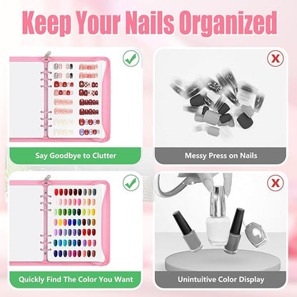 KEIFIN Press On Nail Storage Organizer Binder with 8 Insert Pages - A5 Size Reusable Fake Nail Swatch Collecting Book Polish Color Display Holder Container with Tape and Zipper Pocket (PINK)