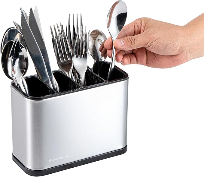 Restaurantware Stainless Steel Utensil Holder 1 Count 7 x 3.3 x 5.1 Inches Durable Cutlery Storage Flatware Organizer Rust-Resistant Sink Caddy Silver Kitchenware Holder