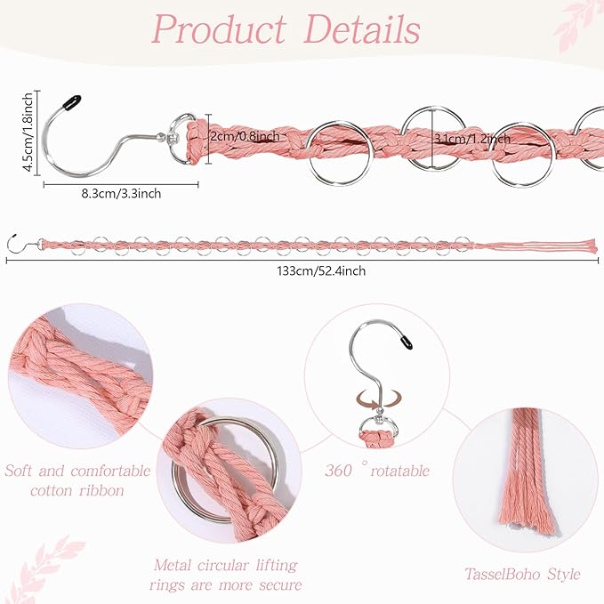 SNOWSTAR Macrame Hair Claw Clip Organizer with Rotating Hook and 20 Metal Rings,Hanging Hair Clip Holder and Storage for Women Girls,Claw Clips Hanger Home Decor for Wall,Door,Closet (Pink1PCS)