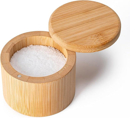 Husfunov Bamboo Salt Cellar, Magnetic Swivel Lid Salt Box, Round Container for Storing Pepper Sugar Herbs, 6 Ounce Capacity