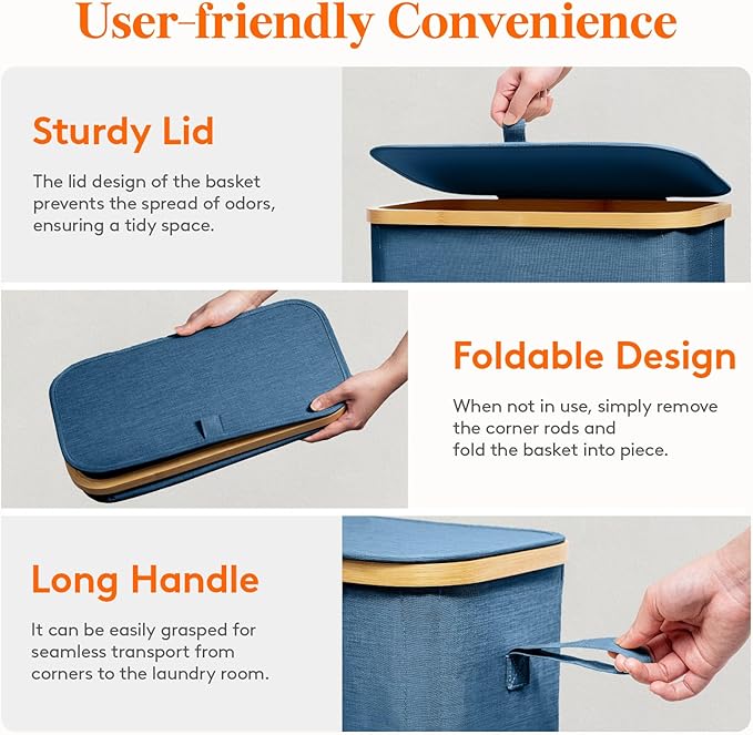 Lifewit 75L Slim Laundry Hamper with Lid, Narrow Laundry Basket with Removable Bag & Bamboo Handles, Fodable Thin Dirty Clothes Hamper for Laundry Collapsible Bin for Bathroom Bedroom Dorm, Dark Blue