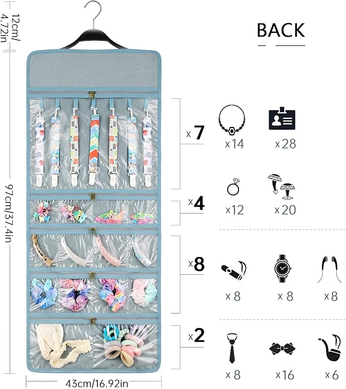 SMRITI Hanging Jewelry Organizer with Dual Zippered Pockets Canvas Double Sided Rotating Hanger Necklace Hanging Wall Organizer Earring Dustproof Holder Wall Mount Accessories Display Bag(Light Blue)