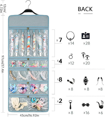 SMRITI Hanging Jewelry Organizer with Dual Zippered Pockets Canvas Double Sided Rotating Hanger Necklace Hanging Wall Organizer Earring Dustproof Holder Wall Mount Accessories Display Bag(Light Blue)