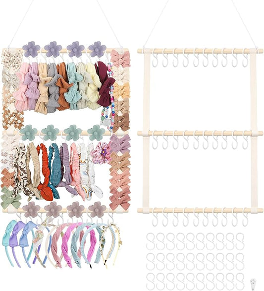 Headband Holder Hair Bow Organizer for Girls, Bow Holder Display w/ 30 Hooks, Wall Hanging Claw Clip Hair Accessories Organizer for Baby Toddler Women Nursery Decor(20x15inch,Beige)
