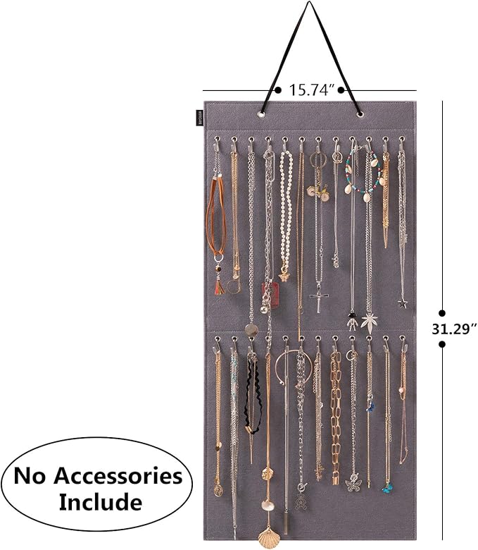 Hanging Jewelry Organizer Storage with 24 Hooks Wall Mounted Jewelry Display Hanging on Door Closet Necklace Holder for Bracelet Ring Chain-Patent Design(Gray)