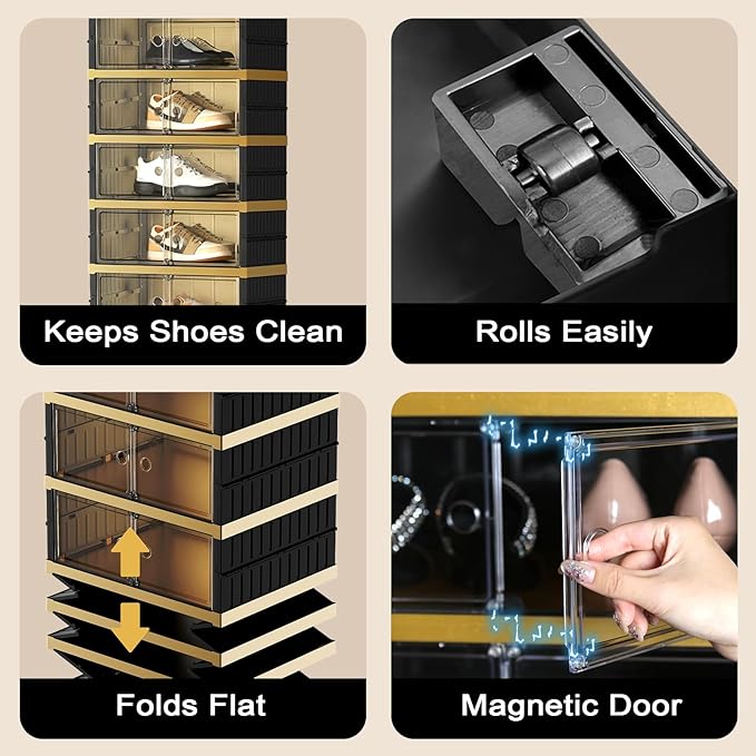 SYNCVIBE Shoe Rack Organizer for Closet Entryway Foldable Sneaker Storage Shoe, Collapsible Shoe Cabinet, Stackable Shoe Storage Cabinet with Lids for Living Room (9 Tiers -18 Pairs Black Gold)