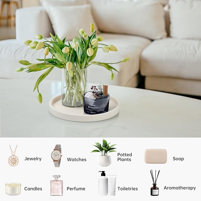 NiHome Thickened Silicone Vanity Organizer Tray for Bathroom Accessories, Kitchen Countertop, Living Room Decor, Multipurpose Shatter-Resistant Round Tray Decor for Candle Perfume Soap Plant (Cream)