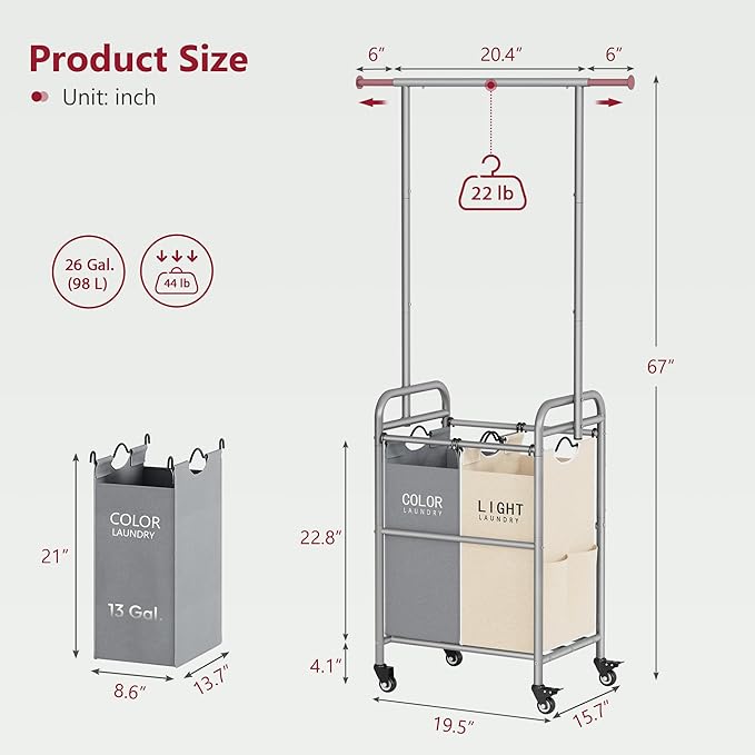 Tajsoon Laundry Sorter with Hanging Rack, 2 Section Rolling Laundry Hamper with Lockable Wheels and Removable Bag, Beige & Gray