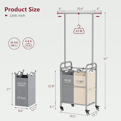 Tajsoon Laundry Sorter with Hanging Rack, 2 Section Rolling Laundry Hamper with Lockable Wheels and Removable Bag, Beige & Gray