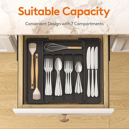 Lifewit Expandable Silverware Organizer, Plastic Utensil Tray for Kitchen Drawer, BPA Free Flatware Cutlery Holder, Space-Saving Storage for Spoons Forks Knives, 8.5-14 x 12 x 1.5 inch, Black