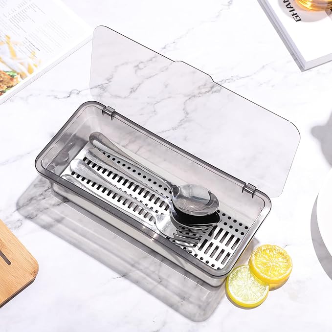 Cabilock Flatware Tray with Lid, Kitchen Cutlery Tray and Utensil Drawer Organizer, Silverware Countertop Storage Container with Cover 10 * 2.8 * 3.9 inches
