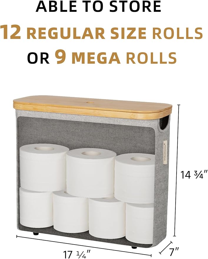 StorageWorks Toilet Paper Storage with Bamboo Lid, Toilet Paper Holder Basket for Up to 9 Mega or 12 Regular Size Rolls, Medium Paper Storage Baskets for Bathroom, Grey, 1 Pack