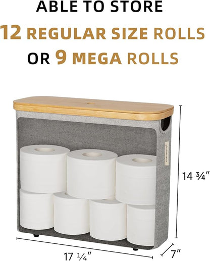 StorageWorks Toilet Paper Storage with Bamboo Lid, Toilet Paper Holder Basket for Up to 9 Mega or 12 Regular Size Rolls, Medium Paper Storage Baskets for Bathroom, Grey, 1 Pack