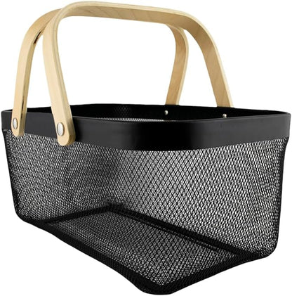 Metal Mesh Basket with Bamboo Handles, 15.7x11x7 inches.Choose from Gray, White, or Black to match your décor, Storage Organizer 40 cm (Black)