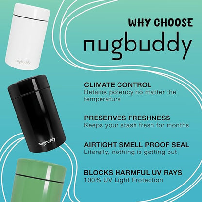 nugbuddy Airtight Storage Container - Vacuum Sealed Insulated w Nested Glass Jar - UV Protection, Temperature Controlled Stainless - Whiteboard Finish w Marker Included - 300 ml (3/4 Oz)