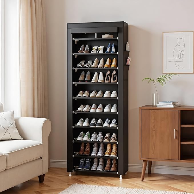 UDEAR 10-Tier Free Standing Shoe Rack Sturdy Shoe Rack Organizer for Closet Entryway Stackable Shoe Shelf with Dustproof Cover,Black