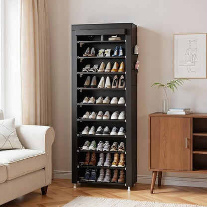 UDEAR 10-Tier Free Standing Shoe Rack Sturdy Shoe Rack Organizer for Closet Entryway Stackable Shoe Shelf with Dustproof Cover,Black