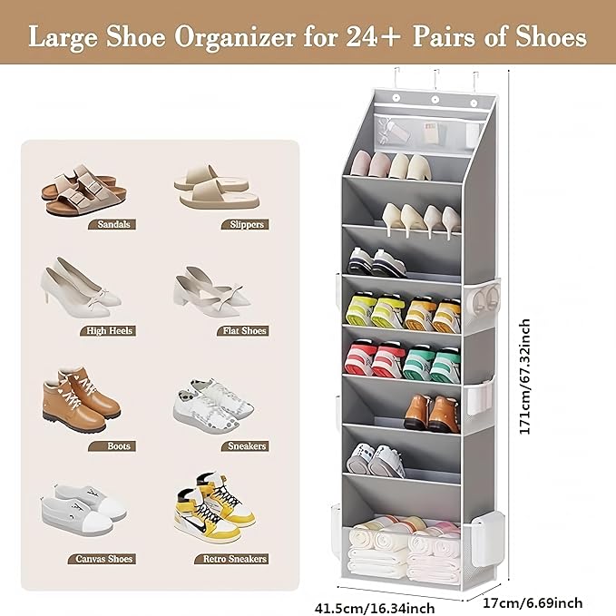 Over The Door Shoe Organizer - Shoe Rack with 8 Tiers, Sturdy Oxford Fabric Storage for Closet, Entryway, Dorm Room, Bedroom, Space Saving Holder for All Types Over The Door Organizer(Grey)