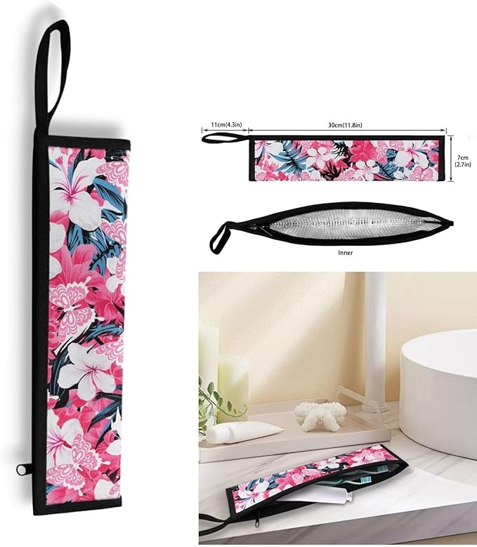 COEQINE Boho Floral Themes Kitchen Utensil Holder Case Pink Silverware Organizer With Leafproof Machine Washable Soft Fabric For Fork Spoon Knife Organizer Table Case With Handles