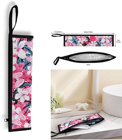 COEQINE Boho Floral Themes Kitchen Utensil Holder Case Pink Silverware Organizer With Leafproof Machine Washable Soft Fabric For Fork Spoon Knife Organizer Table Case With Handles