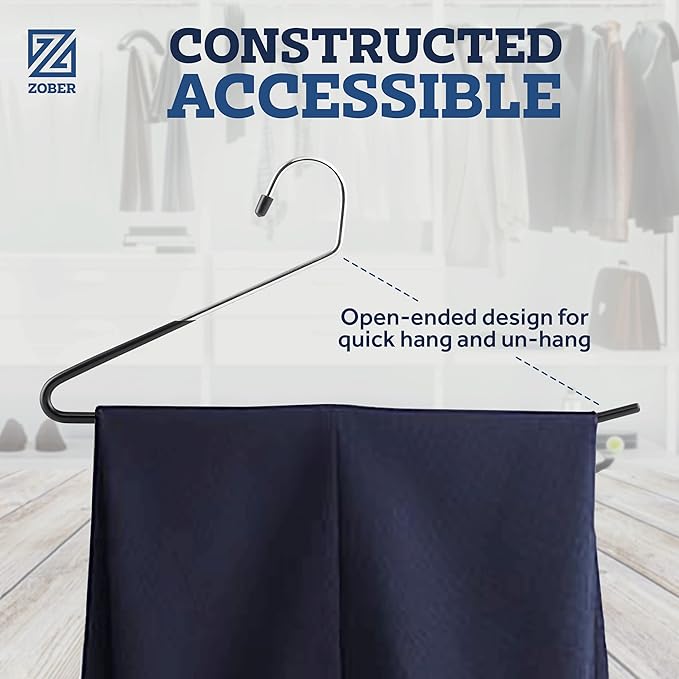 Zober Pants Hangers Non Slip - Open Ended Pants and Jean Hangers for Closet - Space Saving Clothes Hanger - Strong, Durable, Metal Pant Hangers (Black)