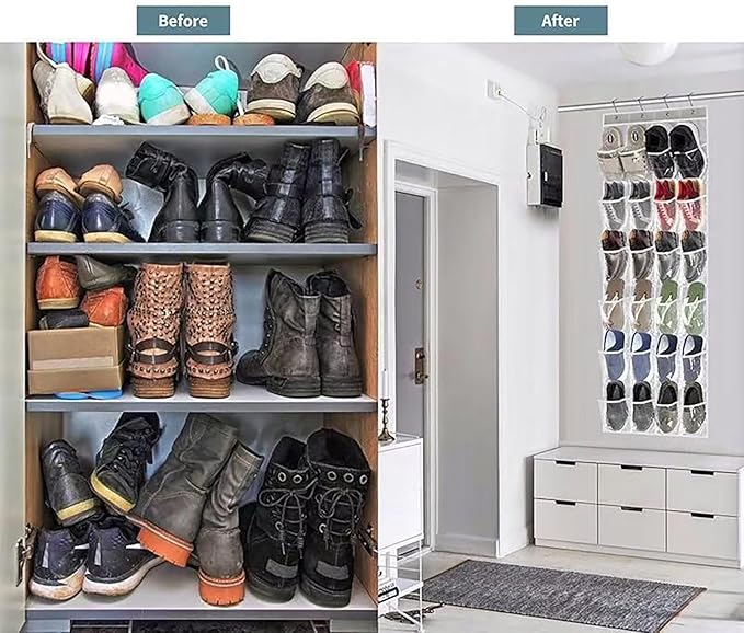 24 Pockets Over The Door Shoe Organzier, Hanging Shoe Rack for Door Large Capacity Shoe Organizer Holder with 3 Metal Hooks Black