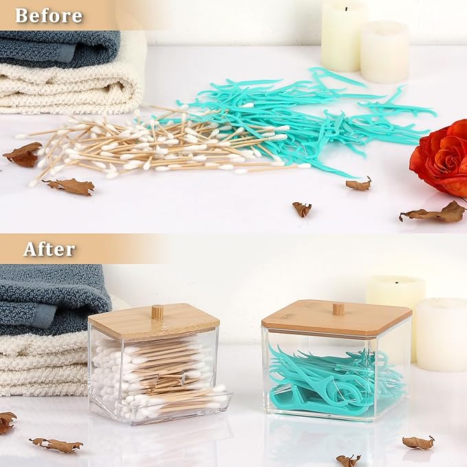 Hipiwe 2 Pack Acrylic Canister Jar with Lid Clear Qtip Holer Bathroom Dispenser Apothecary Jar Cotton Ball and Cotton Swab Organizer Paperclip Storage Box for Living room Bathroom Office