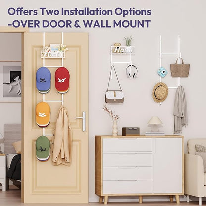 SWTYMIKI Over Door Hat Organizer - Wall Mounted Hat Rack with 6 Hooks and Metal Basket Design, Hanging Baseball Cap Organizer Storage Holds Up to 32 Caps for Door, Bedroom, Closet(White)