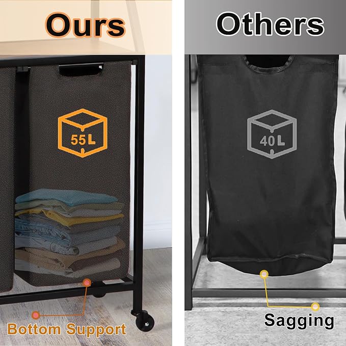 Timberer Laundry Hamper, Laundry Sorter 2 Section, Rolling Laundry Basket with Wheels, 2 Drawers, 2 × 14.5 Gal (55 L), Pull-Out and Removable Oxford Fabric Bags, Black and Rustic Brown