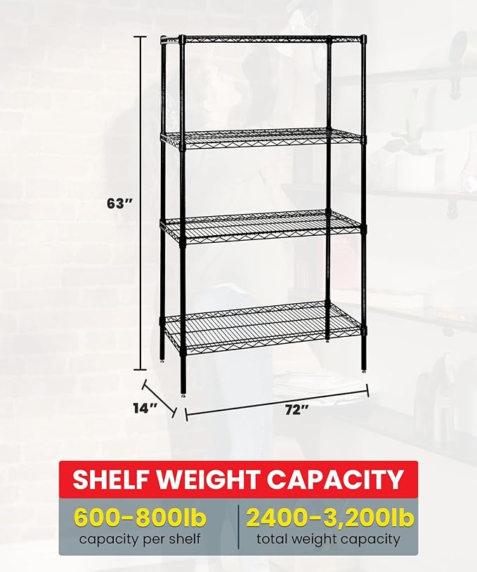 Quantum Storage Systems WR63-1472BK-5 Wire Shelving Starter Kit, 72" W x 14" D x 63" H, 600 lbs Capacity, Carbon Steel, Epoxy Coated, Black, NSF