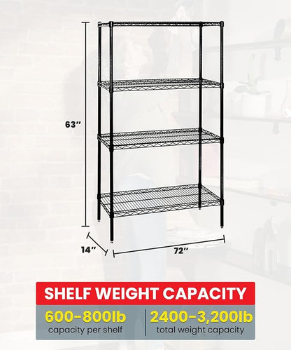 Quantum Storage Systems WR63-1472BK-5 Wire Shelving Starter Kit, 72" W x 14" D x 63" H, 600 lbs Capacity, Carbon Steel, Epoxy Coated, Black, NSF