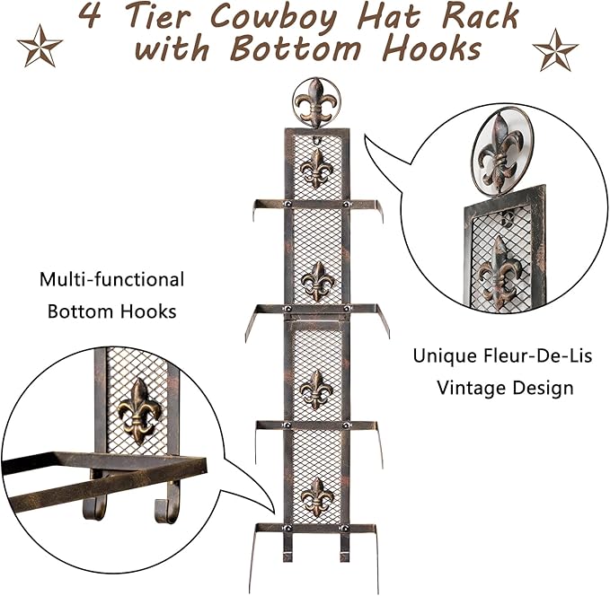 Cowboy Hat Rack for Wall, Metal Fleur-De-Lis Cowboy Hat Holder for 4 Hats, Vertical Western Hat Rack Wall Mount, Rustic Fold-Up Wall Hanging Decorative Hat Racks, 13.8”W x 32.6”H