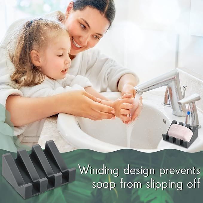 Cunhill 2 Pieces Silicone Soap Dish Self Draining Soap Dish Shower Waterfall Bar Soap Holder Tray with Drain Soap Saver for Kitchen Bathroom Accessories (Dark Grey)