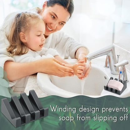 Cunhill 2 Pieces Silicone Soap Dish Self Draining Soap Dish Shower Waterfall Bar Soap Holder Tray with Drain Soap Saver for Kitchen Bathroom Accessories (Dark Grey)