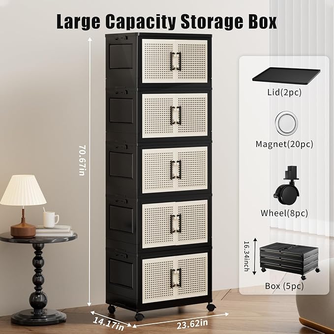 Storage Bins with Lids, Stackable Storage Containers with Lids, Collapsible Plastic Bins, Closet Organizers and Storage with Wheels and Magnetic Door for Home Office Dorm (5 Pack)