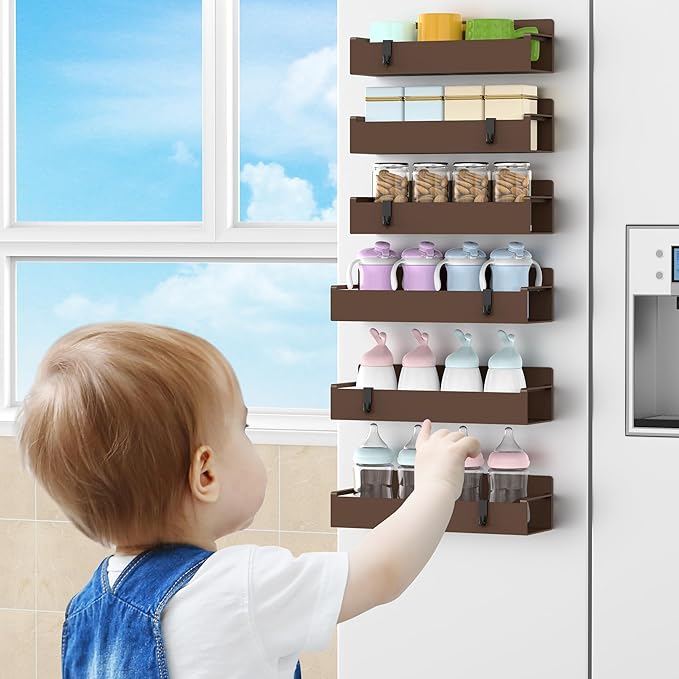HuggieGems 6 Pack Magnetic Spice Rack Organizer for Refrigerator and Oven, Brown Fridge Organizers and Storage for Kitchen
