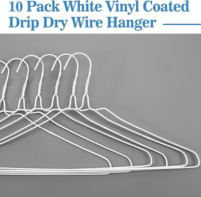 10 Pack Drip Dry Wire Hanger Bulk 16 Inch Galvanized Steel Coat Clothes Hangers with Plastic Coating Dry Cleaner Suit Holders for Home Caped Clothing (White)