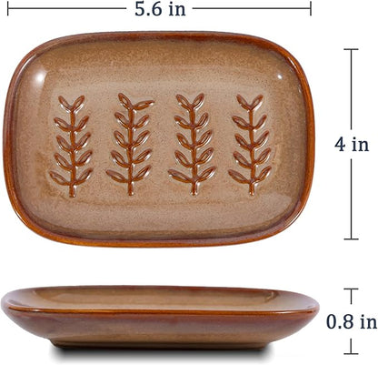 HighHerz Aesthetic Ceramic Soap Dish for Shower, Soap Holder with Raised Relief, Shower Soap Dish for Shampoo Bar Or Sponge, Soap Saver for Bathroom, Kitchen, Sink, Decorative Soap Tray (Brown)