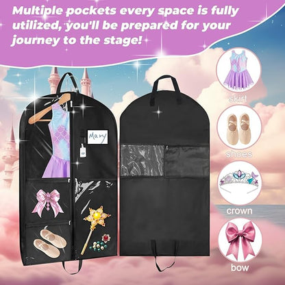 Sishynio Garment Bags for Dance Costumes 3 Pack, 43 Inch Black Kids Garment Bag with 5 Pockets, Waterproof Hanging Clothes Bag for Dance Competitions Cheer Uniform Suit Travel
