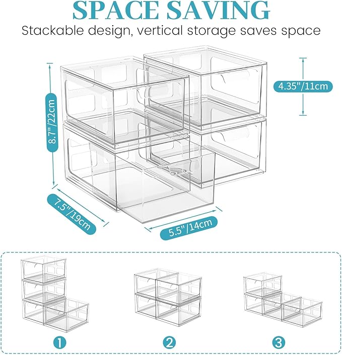 SpaceHacks 2 Pack Stackable Plastic Makeup Organizer Drawers, Acrylic Organizers, Clear Storage Bins with Pull-Out Handles for Vanity, Kitchen Cabinets, Pantry