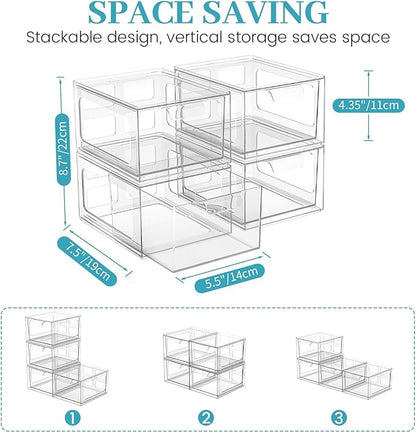 SpaceHacks 2 Pack Stackable Plastic Makeup Organizer Drawers, Acrylic Organizers, Clear Storage Bins with Pull-Out Handles for Vanity, Kitchen Cabinets, Pantry
