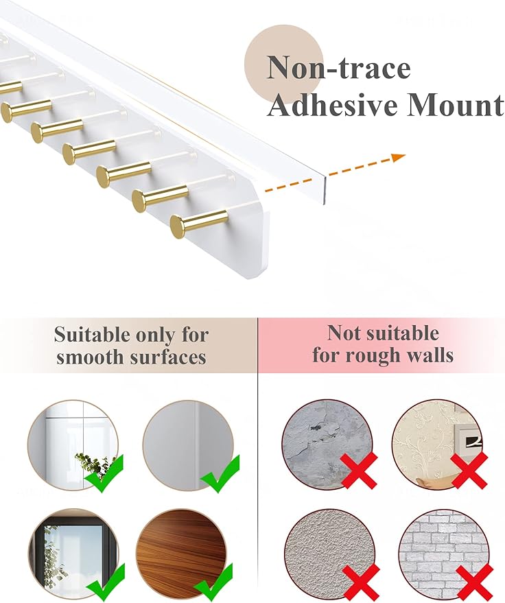 NiHome Wall Mounted Acrylic Jewelry Organizer 2-Pack, Durable Sleek Rack Strong Carbon Steel Hooks for Dressing Table, Bathroom, Kitchen, Hassle-Free Installation Multiple Mounting Options (White)
